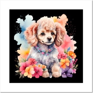 A baby poodle decorated with beautiful watercolor flowers Posters and Art